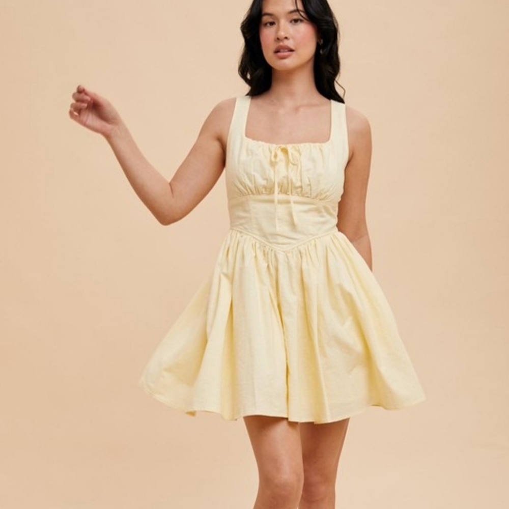 Linen Cotton Drop Waist Skater Dress Butter Yellow